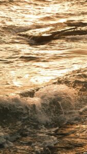 Experience the serene beauty of ocean waves illuminated by the golden hues of sunset.