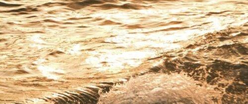 Experience the serene beauty of ocean waves illuminated by the golden hues of sunset.